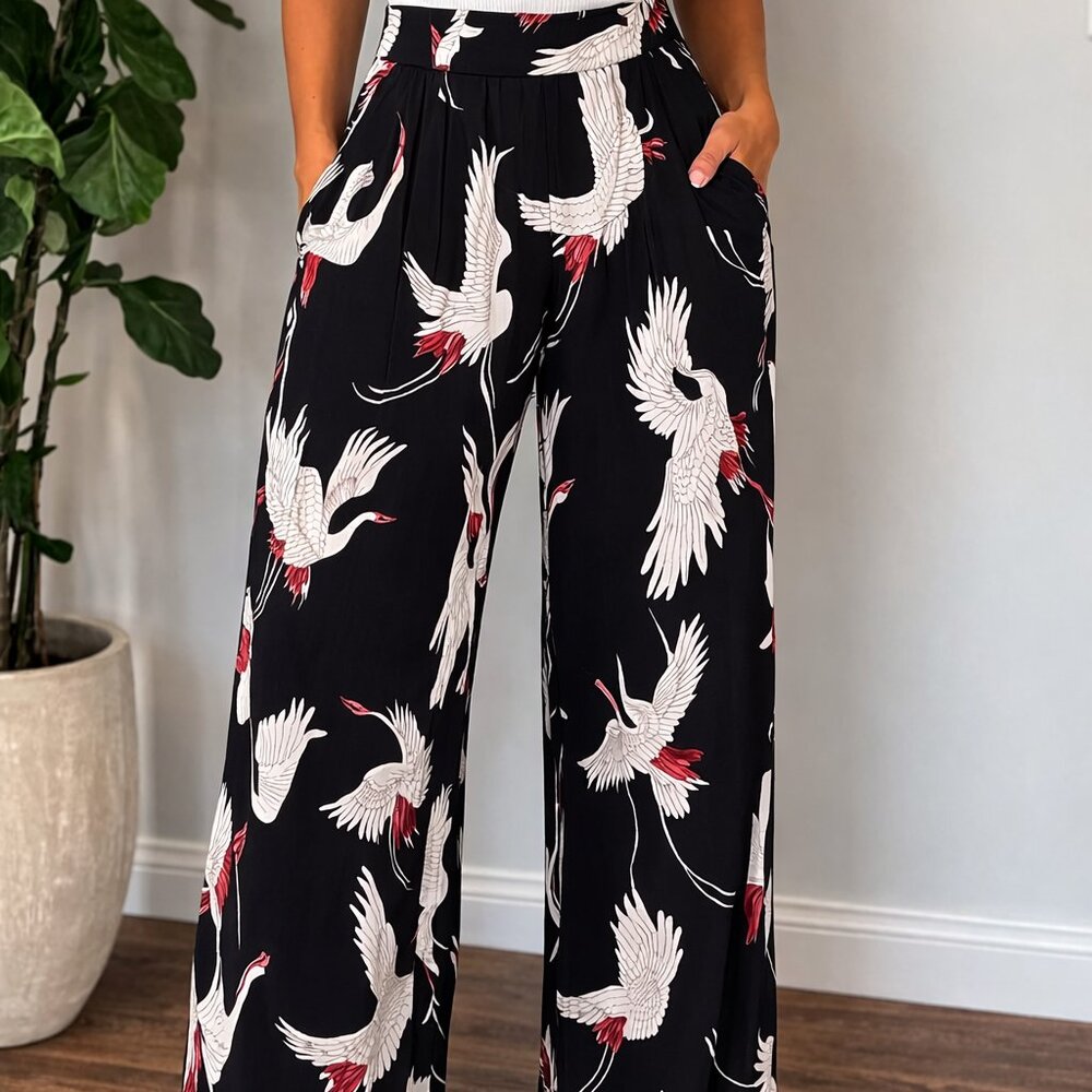 LOFT Elegant Black Crane Print Women's Pants Wide Leg Drawstring